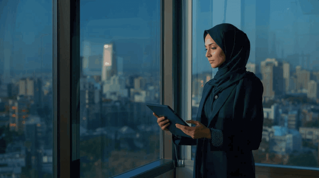 A business professional preparing for a high stakes presentation in a modern office, standing near a window with a city view