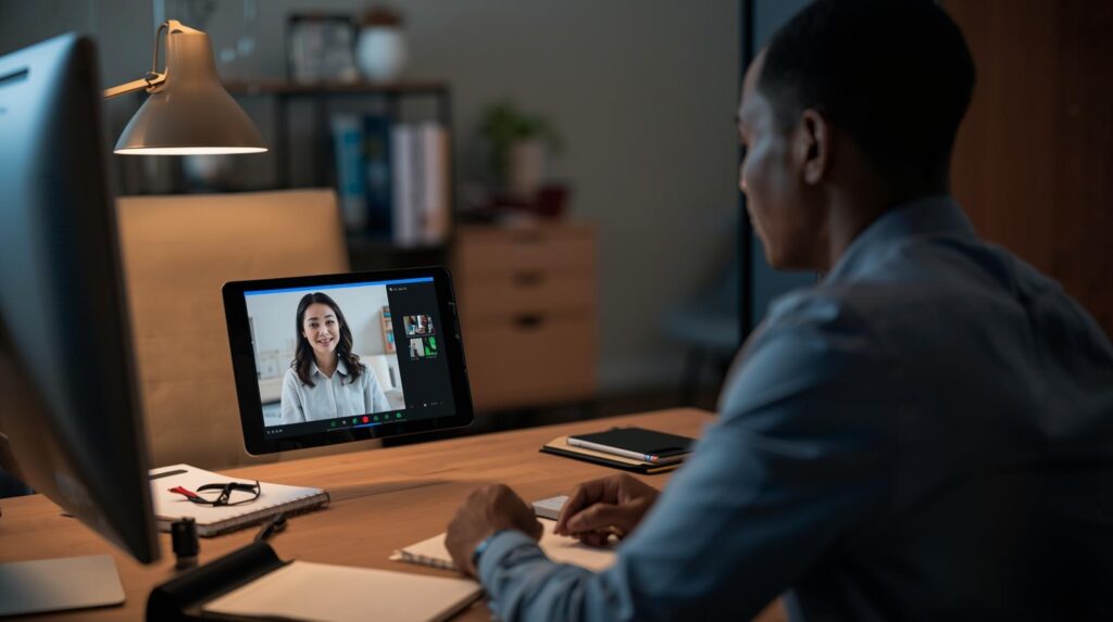 “An executive man in a modern private office on a video call, mid conversation, with notebooks and language materials on the desk. Warm lighting, focused and reflective expression.”