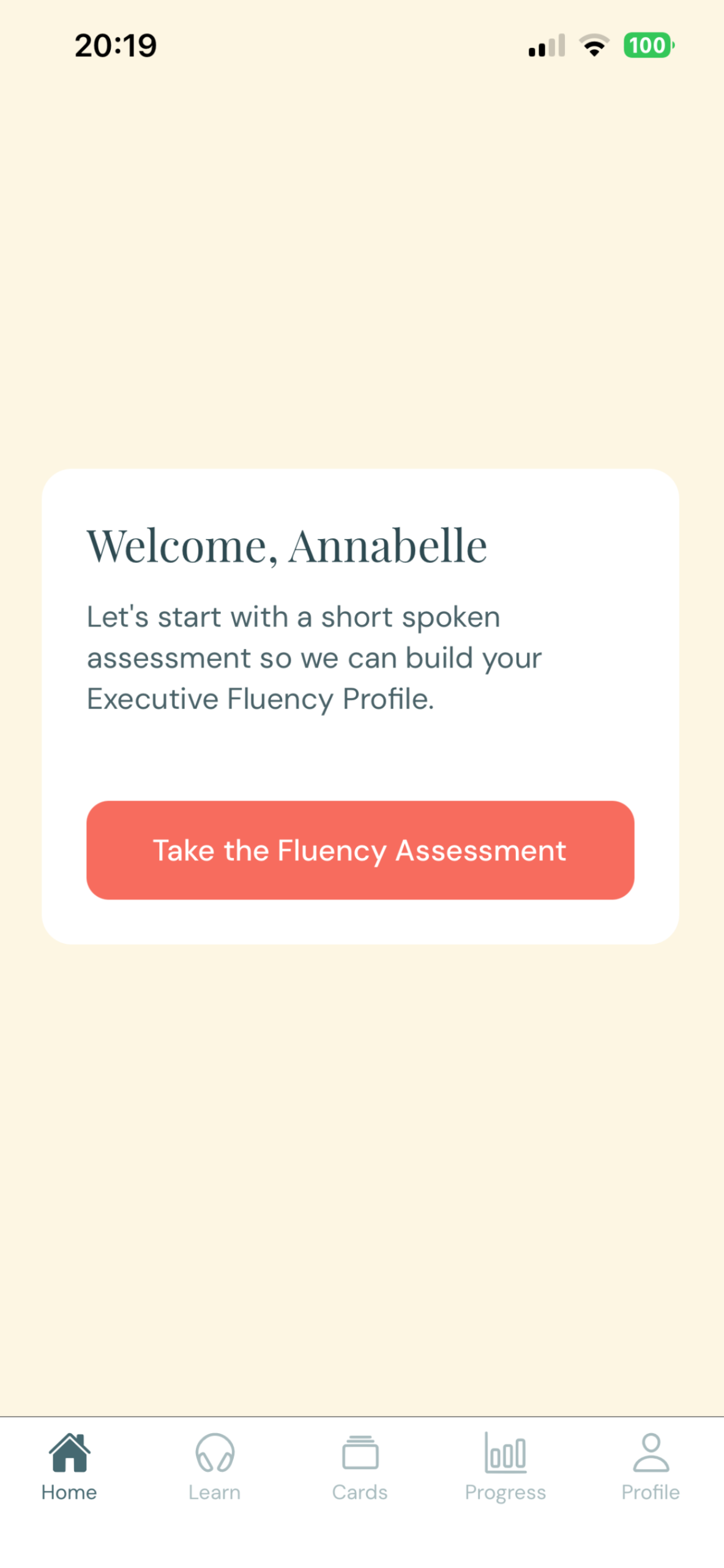Fluency Fix app — welcome and fluency assessment screen