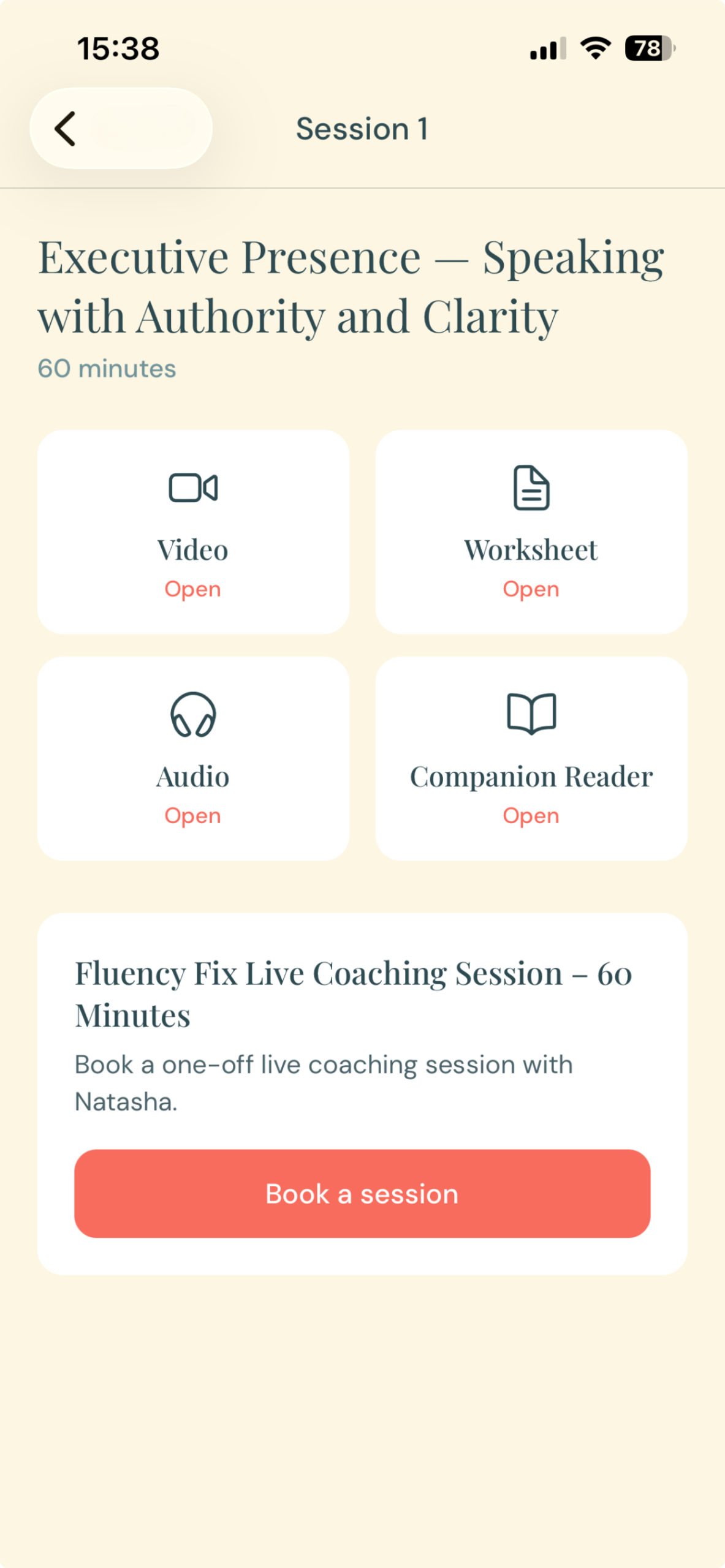 Fluency Fix app — Session 1, Executive Presence, with video, worksheet, audio and companion reader