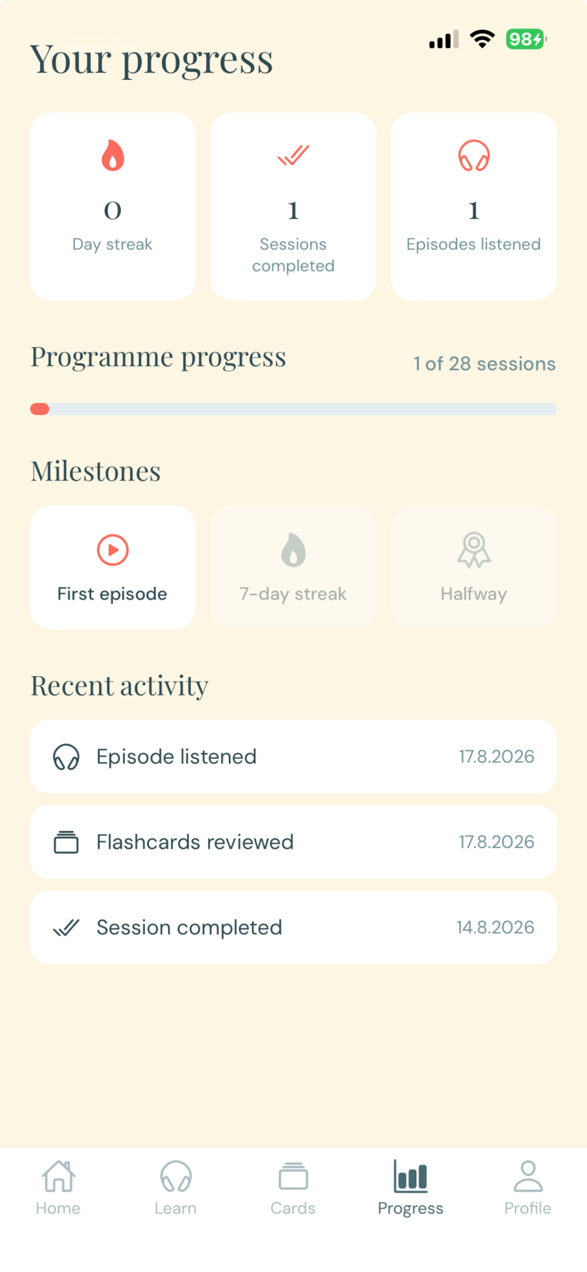 Fluency Fix app — progress screen with streak, sessions completed and milestones
